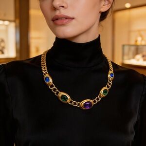 Vintage Trifari Gold-Tone Necklace with Blue, Green and Purple Cabochons